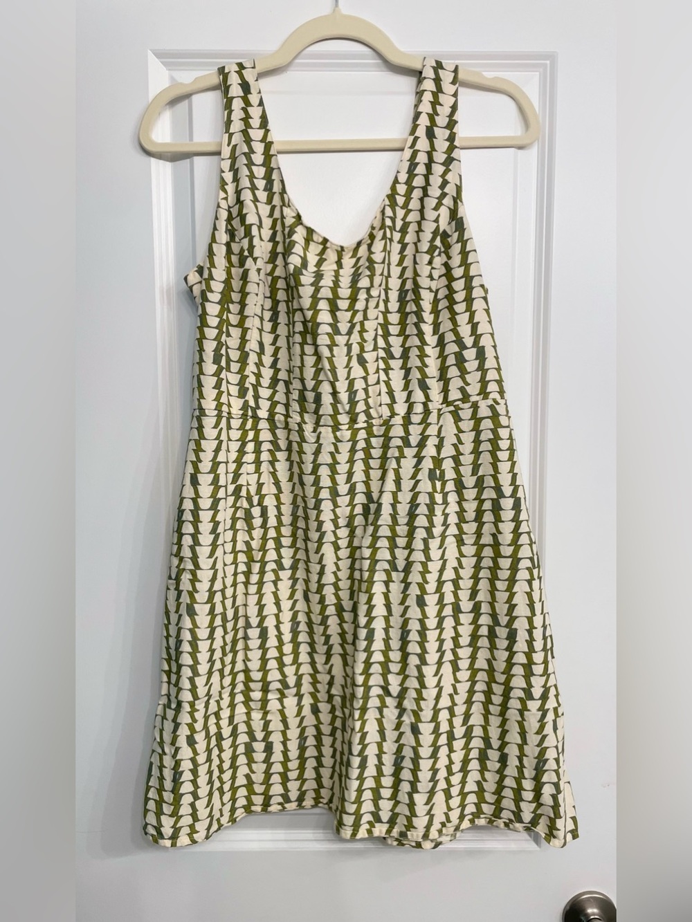 Japna Cream and Olive Green Patterned Sleeveless Dress